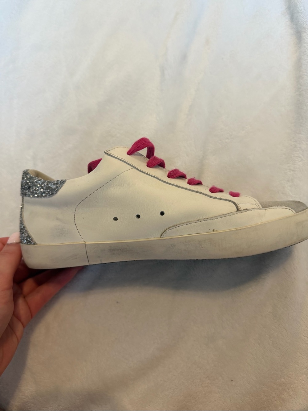 Golden Goose White Leather Sneakers with Blue Star and Pink Laces - Picture 12 of 16
